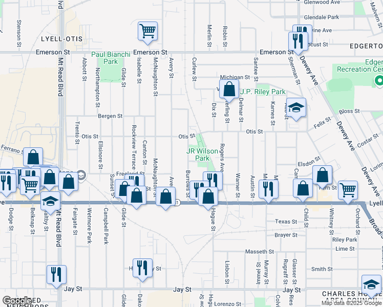 map of restaurants, bars, coffee shops, grocery stores, and more near 144 Burrows Street in Rochester