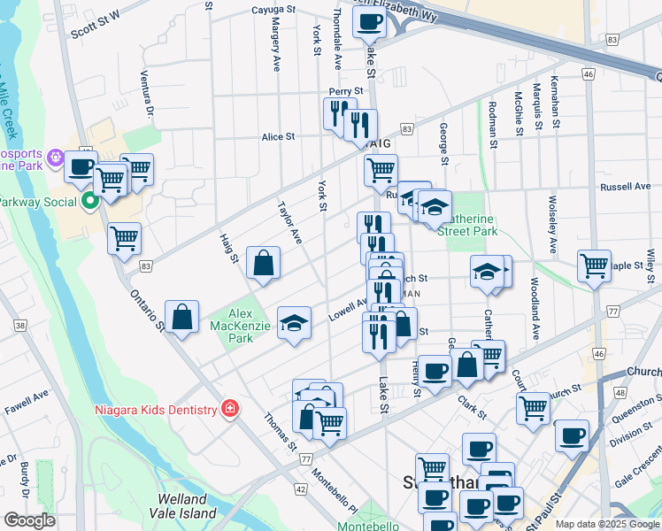 map of restaurants, bars, coffee shops, grocery stores, and more near in St. Catharines