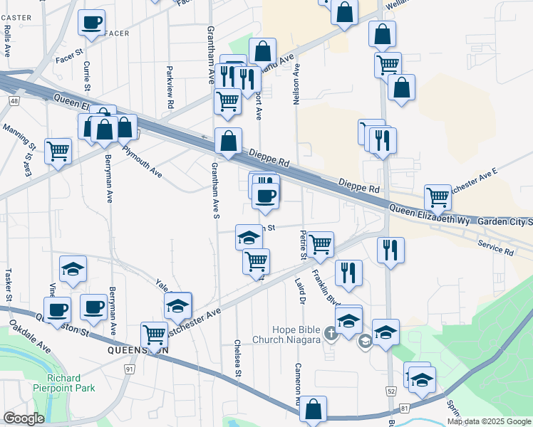map of restaurants, bars, coffee shops, grocery stores, and more near 36 Wright Street in Saint Catharines