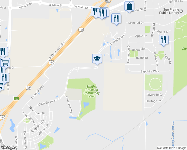 map of restaurants, bars, coffee shops, grocery stores, and more near 1091 O'Keeffe Avenue in Sun Prairie