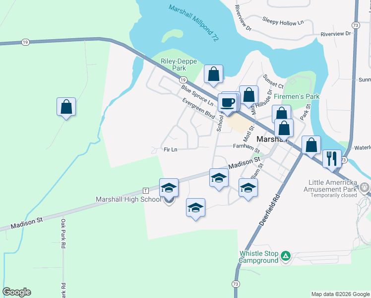 map of restaurants, bars, coffee shops, grocery stores, and more near 248 Fir Lane in Marshall