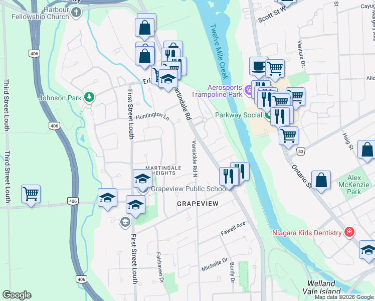 map of restaurants, bars, coffee shops, grocery stores, and more near in Saint Catharines