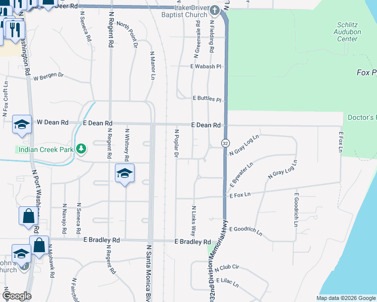 map of restaurants, bars, coffee shops, grocery stores, and more near 881 East Spooner Road in Fox Point