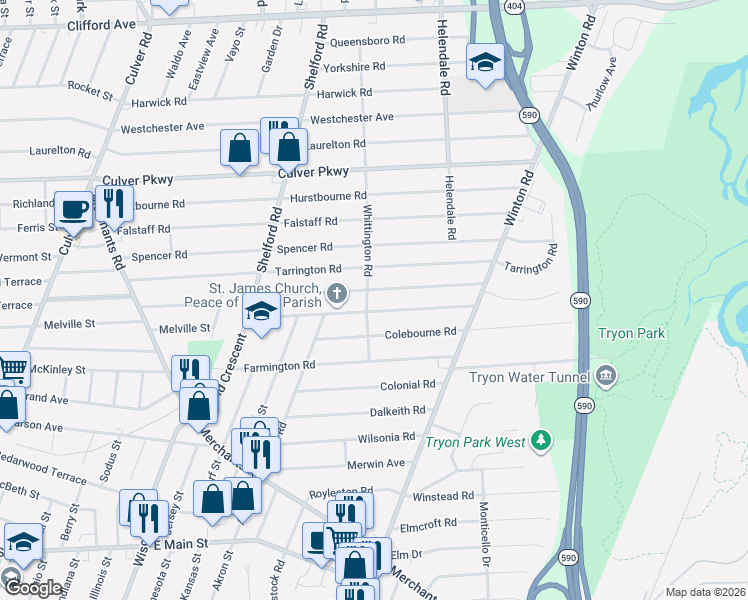 map of restaurants, bars, coffee shops, grocery stores, and more near 99 Whittington Road in Rochester