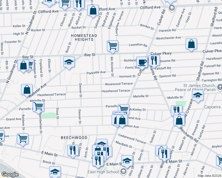 map of restaurants, bars, coffee shops, grocery stores, and more near 454 Melville Street in Rochester