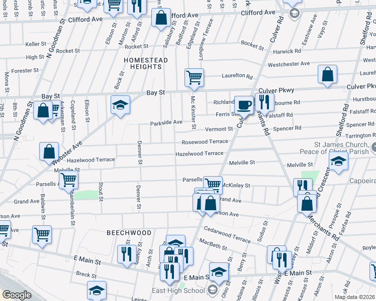 map of restaurants, bars, coffee shops, grocery stores, and more near 454 Melville Street in Rochester