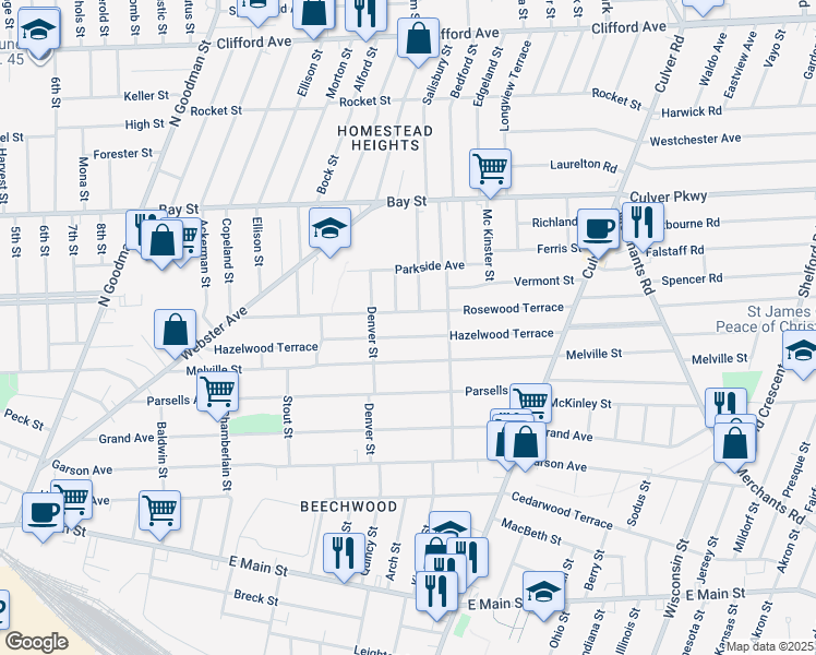 map of restaurants, bars, coffee shops, grocery stores, and more near 342 Melville Street in Rochester