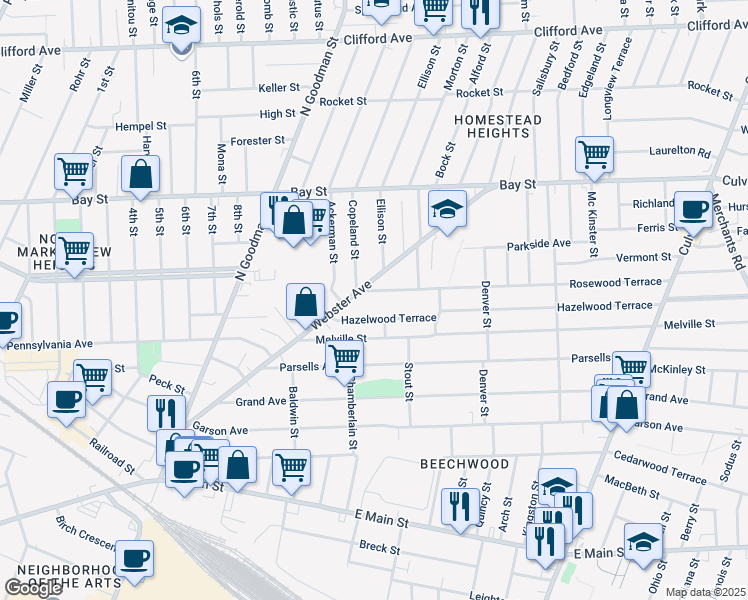 map of restaurants, bars, coffee shops, grocery stores, and more near 81 Hazelwood Terrace in Rochester