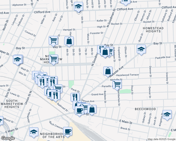 map of restaurants, bars, coffee shops, grocery stores, and more near 29 Short Street in Rochester