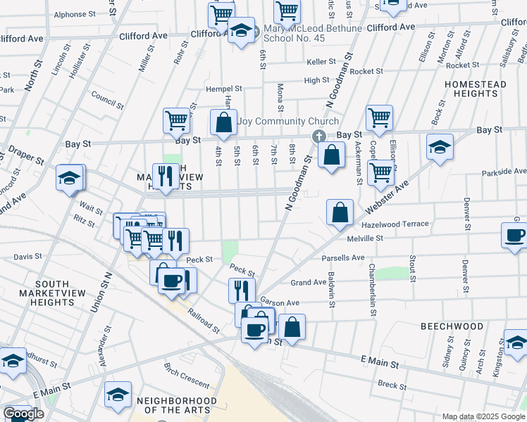 map of restaurants, bars, coffee shops, grocery stores, and more near 29 Short Street in Rochester