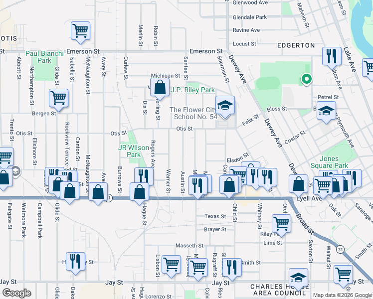 map of restaurants, bars, coffee shops, grocery stores, and more near 38 Austin Street in Rochester