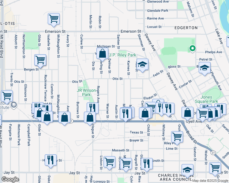 map of restaurants, bars, coffee shops, grocery stores, and more near 38 Austin Street in Rochester