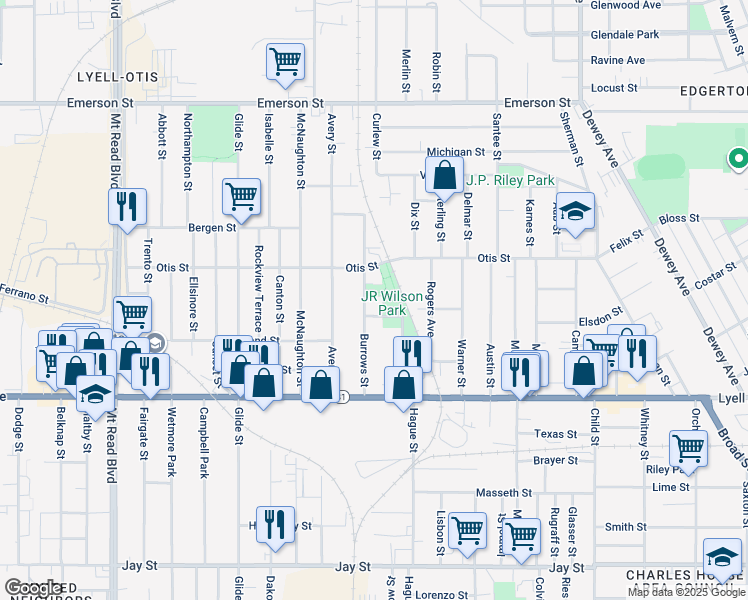 map of restaurants, bars, coffee shops, grocery stores, and more near 113 Burrows Street in Rochester