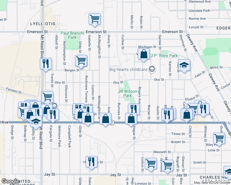 map of restaurants, bars, coffee shops, grocery stores, and more near 113 Burrows Street in Rochester