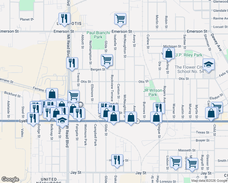 map of restaurants, bars, coffee shops, grocery stores, and more near 107 Rockview Terrace in Rochester