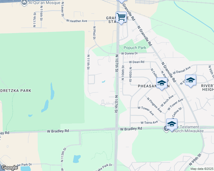 map of restaurants, bars, coffee shops, grocery stores, and more near 8215 North 107th Street in Milwaukee