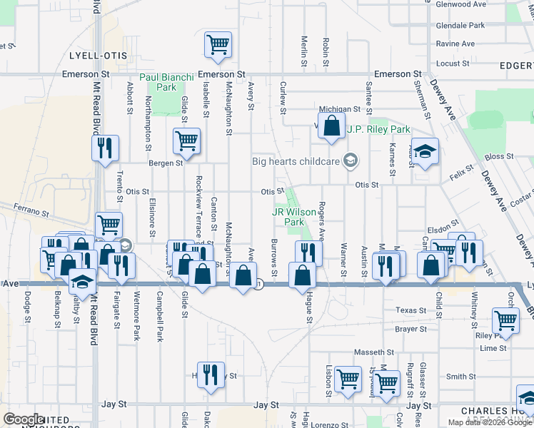 map of restaurants, bars, coffee shops, grocery stores, and more near 113 Burrows Street in Rochester