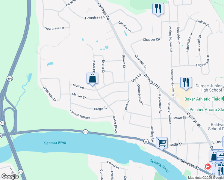 map of restaurants, bars, coffee shops, grocery stores, and more near 2284 Mercer Street in Baldwinsville