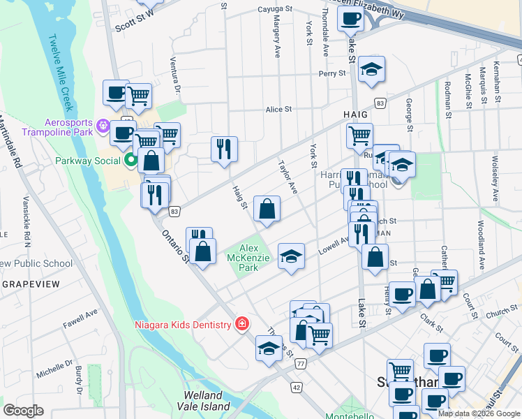 map of restaurants, bars, coffee shops, grocery stores, and more near 67 Sherwood Avenue in St. Catharines