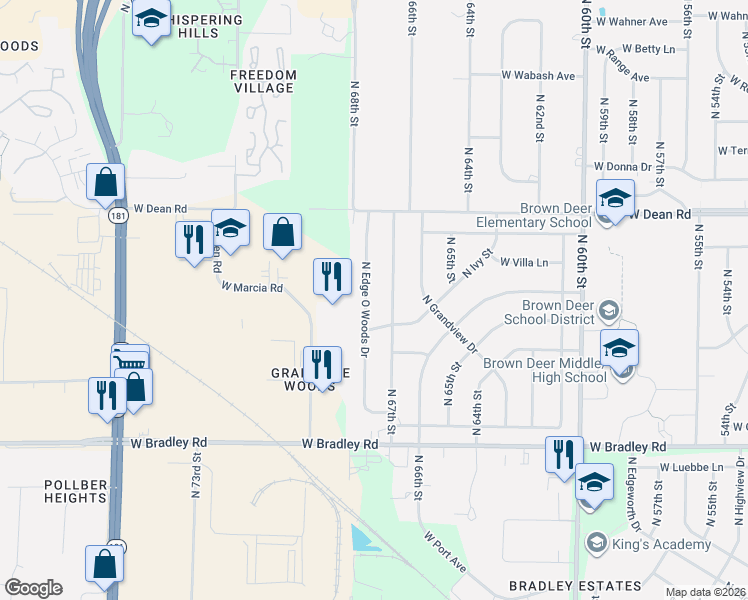 map of restaurants, bars, coffee shops, grocery stores, and more near 8187 North 67th Street in Brown Deer