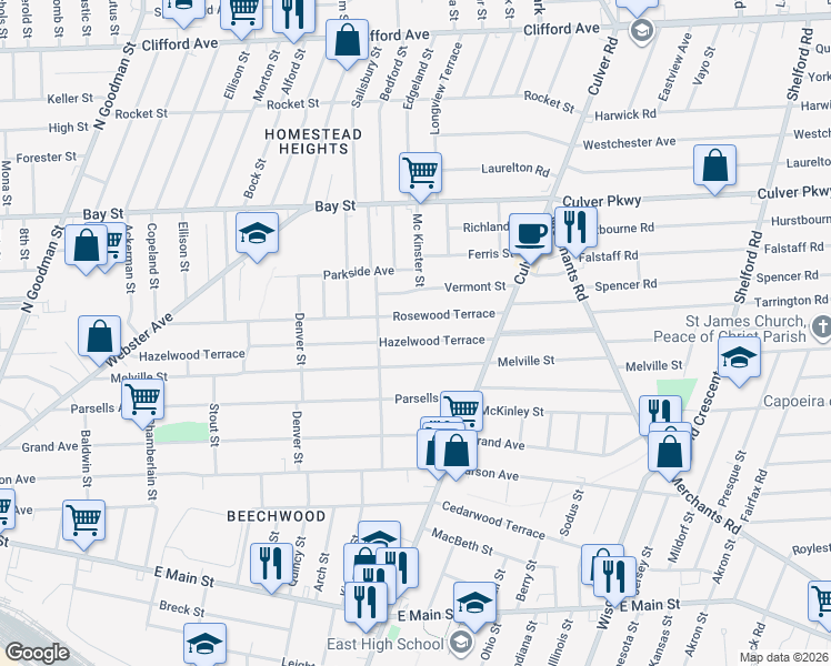 map of restaurants, bars, coffee shops, grocery stores, and more near 454 Melville Street in Rochester
