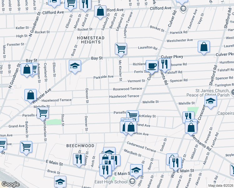 map of restaurants, bars, coffee shops, grocery stores, and more near 454 Melville Street in Rochester