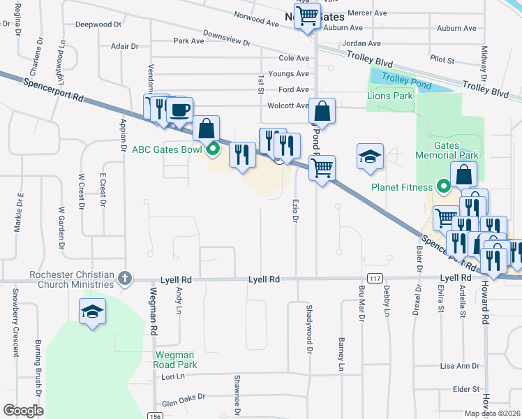 map of restaurants, bars, coffee shops, grocery stores, and more near 398 Lechase Drive in Gates-North Gates