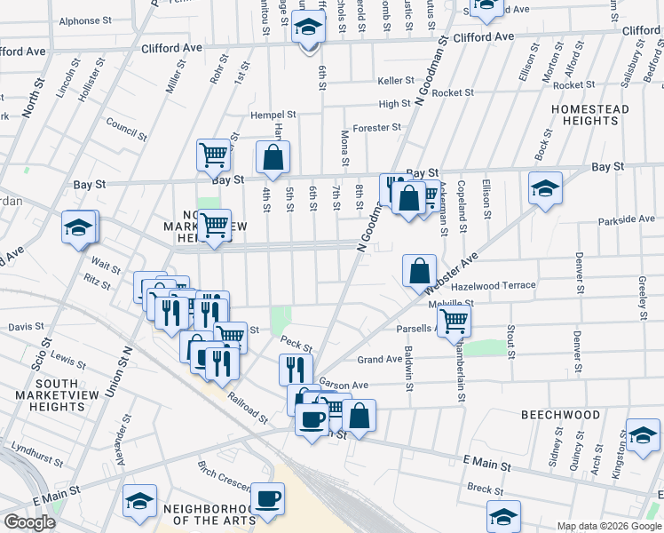 map of restaurants, bars, coffee shops, grocery stores, and more near 497 Central Park in Rochester