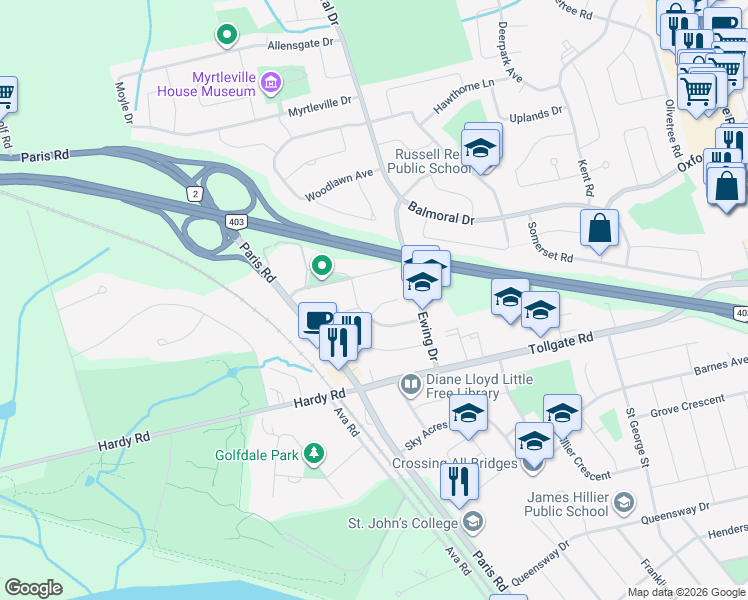 map of restaurants, bars, coffee shops, grocery stores, and more near 14 Daniel Place in Brantford