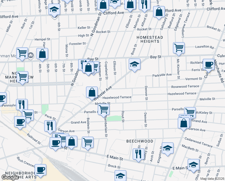 map of restaurants, bars, coffee shops, grocery stores, and more near in Rochester