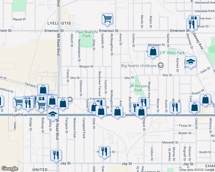 map of restaurants, bars, coffee shops, grocery stores, and more near 142 Canton Street in Rochester