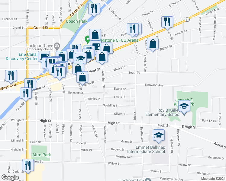 map of restaurants, bars, coffee shops, grocery stores, and more near 47 Elmwood Avenue in Lockport
