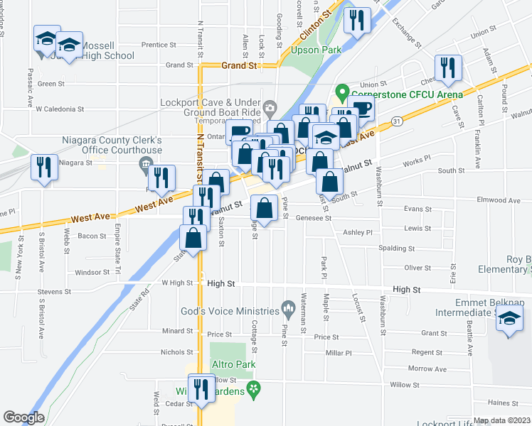 map of restaurants, bars, coffee shops, grocery stores, and more near 30 Walnut Street in Lockport