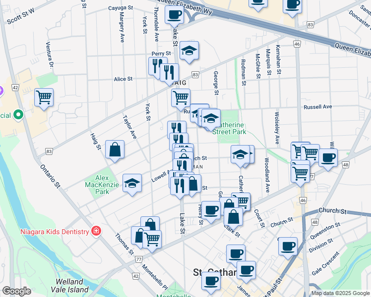 map of restaurants, bars, coffee shops, grocery stores, and more near 161 Lake Street in St. Catharines