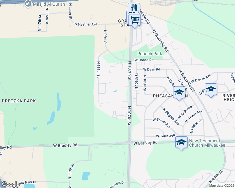 map of restaurants, bars, coffee shops, grocery stores, and more near 8311 North 107th Street in Milwaukee