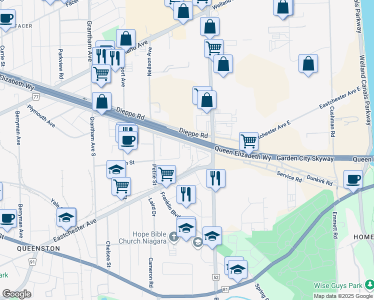 map of restaurants, bars, coffee shops, grocery stores, and more near 150 Dunkirk Road in Saint Catharines