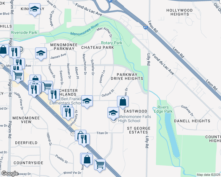 map of restaurants, bars, coffee shops, grocery stores, and more near W144N8318 Mac Arthur Drive in Menomonee Falls
