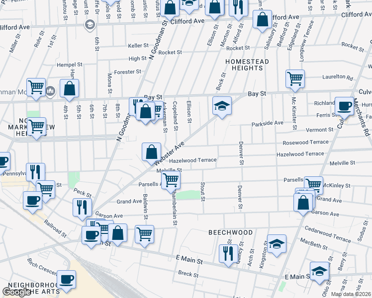 map of restaurants, bars, coffee shops, grocery stores, and more near in Rochester