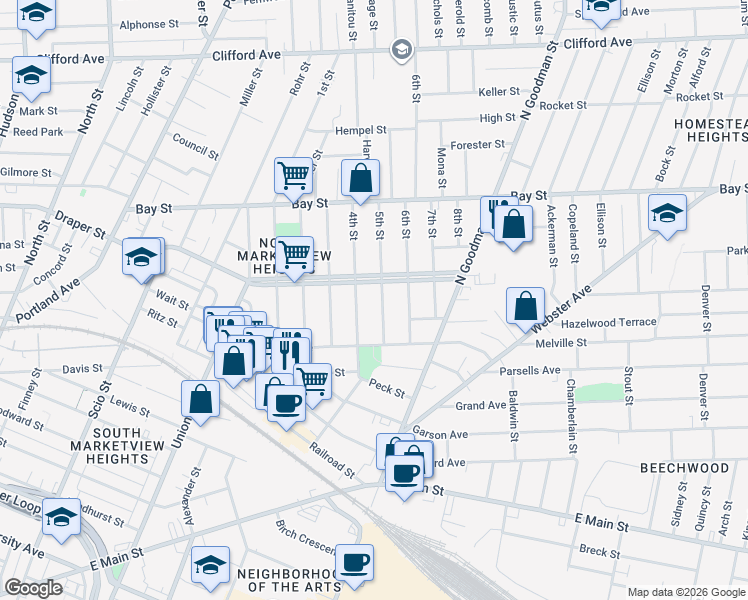 map of restaurants, bars, coffee shops, grocery stores, and more near 394 Central Park in Rochester