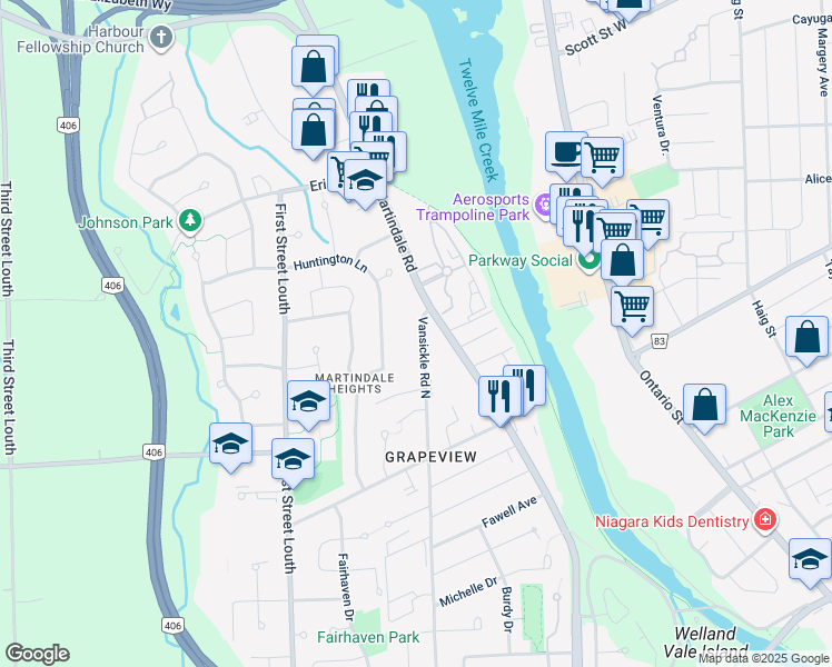 map of restaurants, bars, coffee shops, grocery stores, and more near 1024 Vansickle Road North in St. Catharines