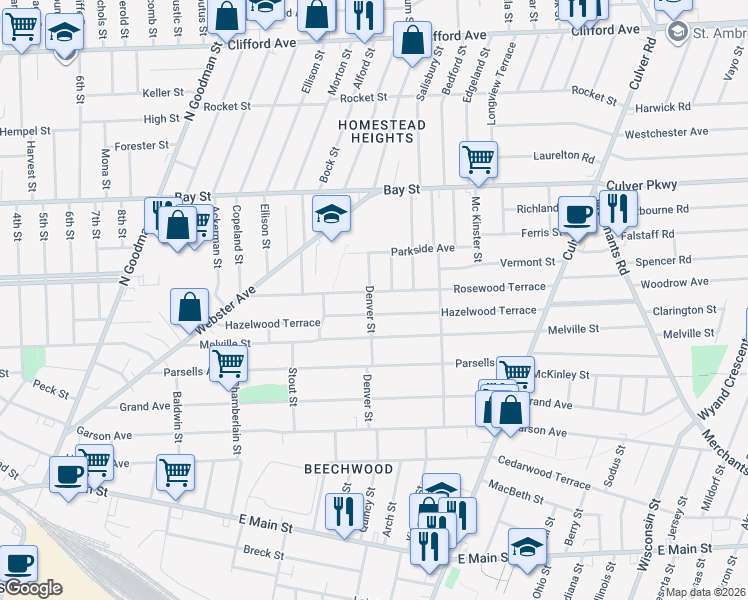 map of restaurants, bars, coffee shops, grocery stores, and more near 230 Denver Street in Rochester