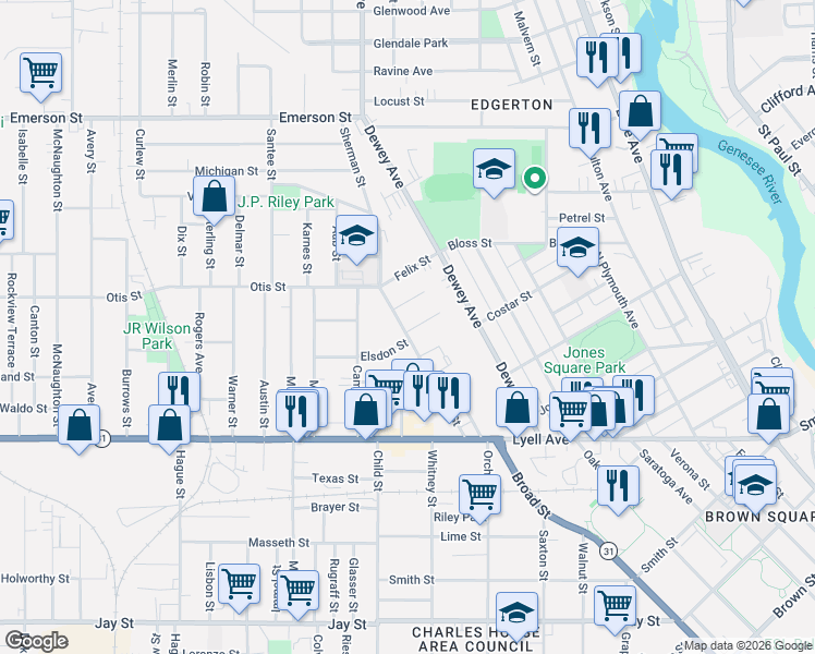 map of restaurants, bars, coffee shops, grocery stores, and more near 39 Dana Street in Rochester