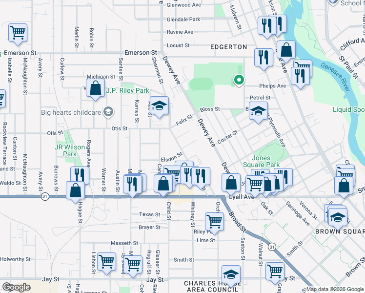 map of restaurants, bars, coffee shops, grocery stores, and more near 174 Sherman Street in Rochester
