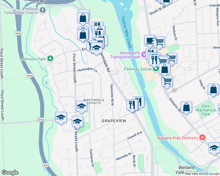 map of restaurants, bars, coffee shops, grocery stores, and more near 1024 Vansickle Road North in St. Catharines