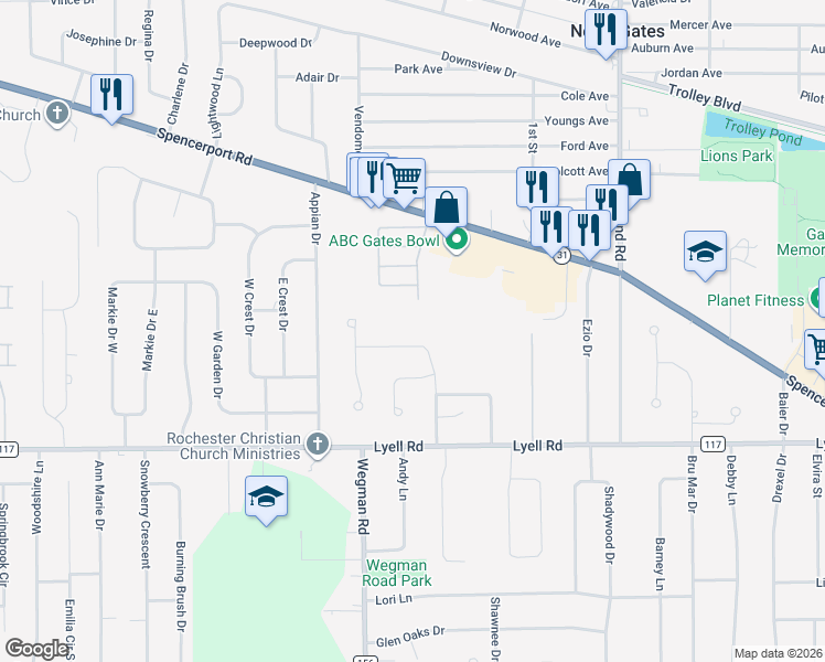 map of restaurants, bars, coffee shops, grocery stores, and more near 398 Gates Manor Drive in Rochester