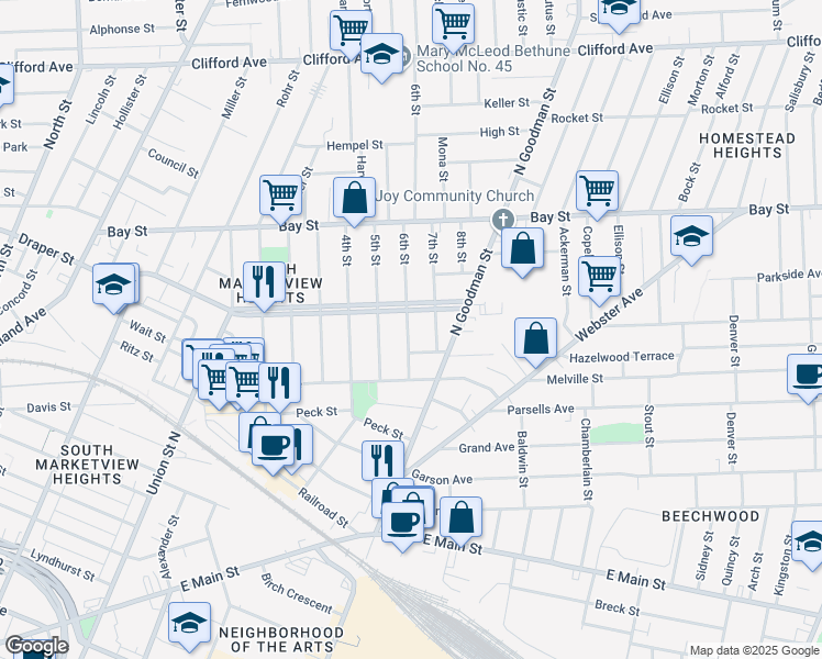 map of restaurants, bars, coffee shops, grocery stores, and more near 70 6th Street in Rochester