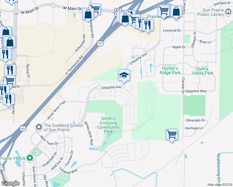 map of restaurants, bars, coffee shops, grocery stores, and more near 1102 White Oak Drive in Sun Prairie