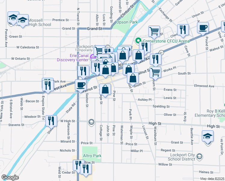 map of restaurants, bars, coffee shops, grocery stores, and more near 89 Pine Street in Lockport
