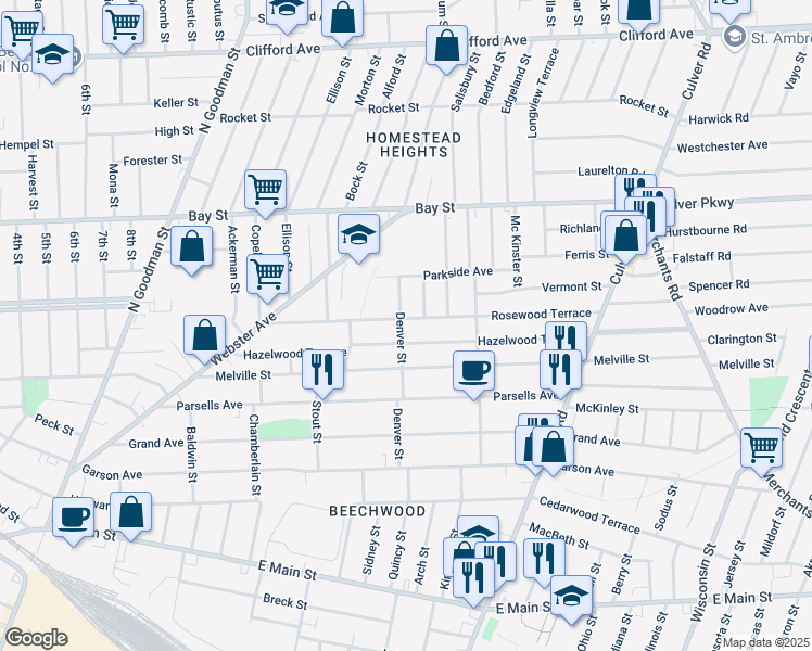 map of restaurants, bars, coffee shops, grocery stores, and more near 230 Denver Street in Rochester