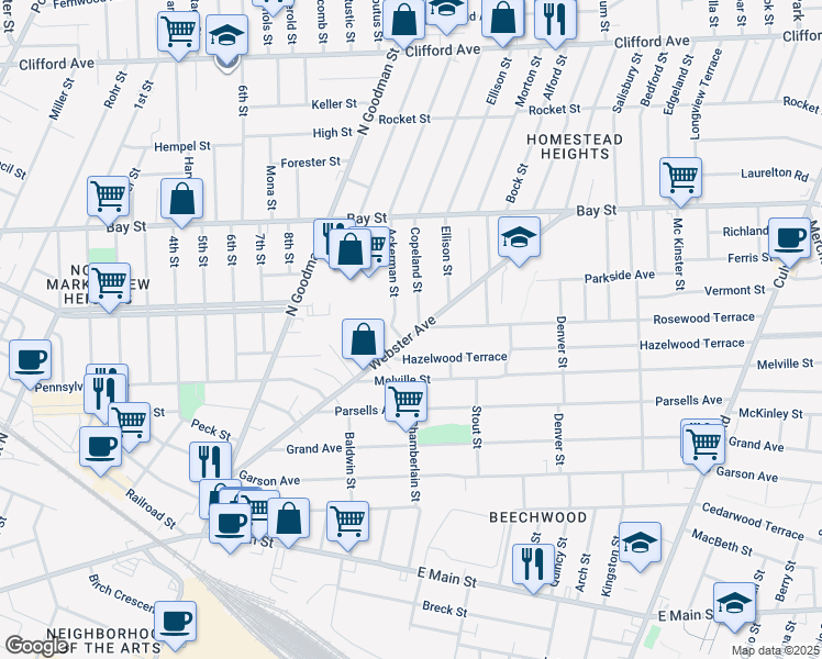 map of restaurants, bars, coffee shops, grocery stores, and more near 25 Copeland Street in Rochester